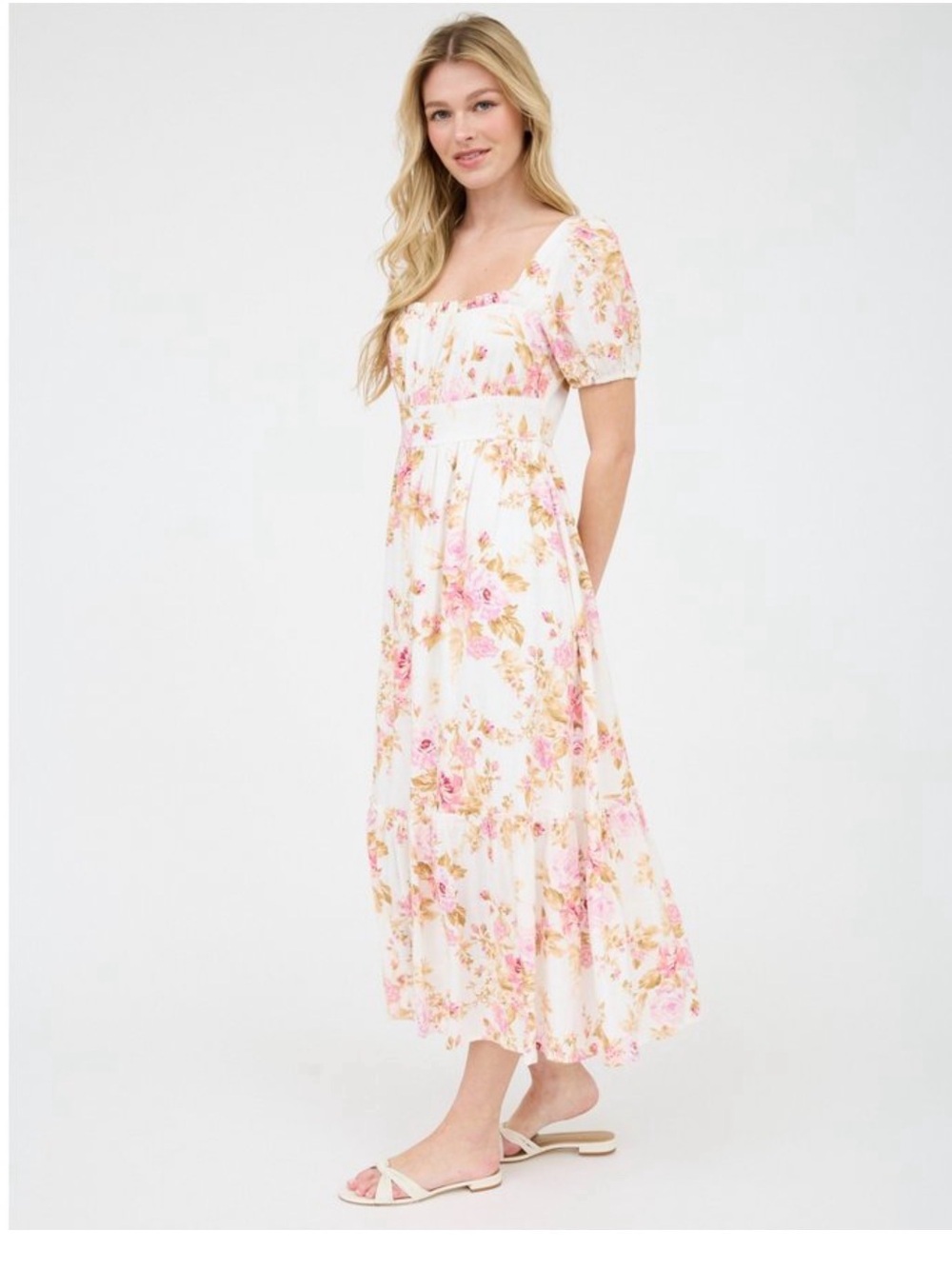 AUGUST SKY Floral Puff-Sleeve Midi Dress in White and Pink